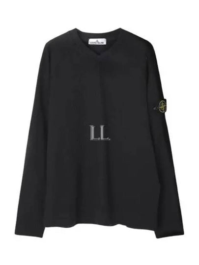 Garment Dyed V Neck Badge Sweatshirt Black - STONE ISLAND - BALAAN 2