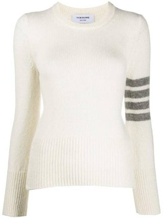 Women's Shetland Wool Jersey Classic Crew Neck 4 Bar Knit Top White - THOM BROWNE - BALAAN 1