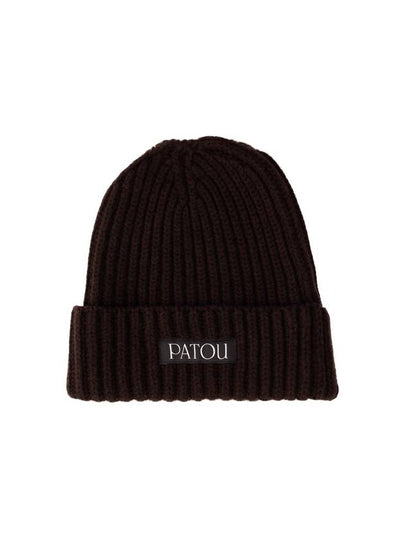 Logo Patch Ribbed Wool Cashmere Beanie Chocolate - PATOU - BALAAN 2