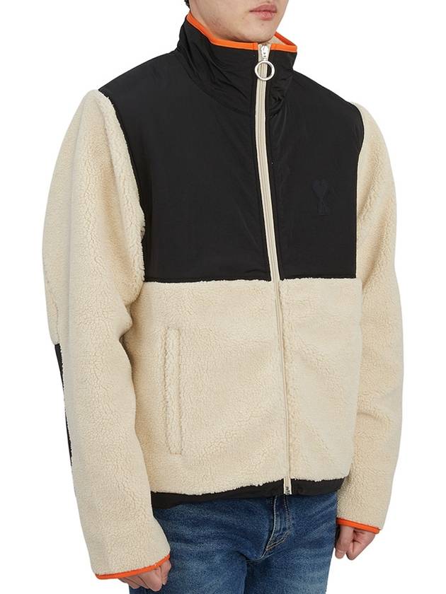 Logo Zip-up Shearling Jacket Beige - AMI - BALAAN 5