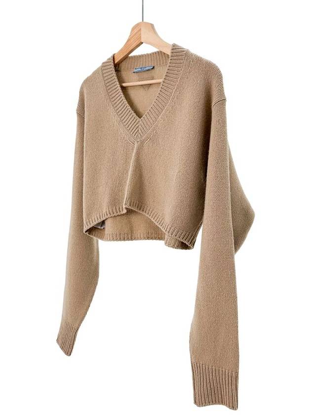 40 Women s Wool Cashmere V Neck Crop Sweater Knit - PRADA - BALAAN 1