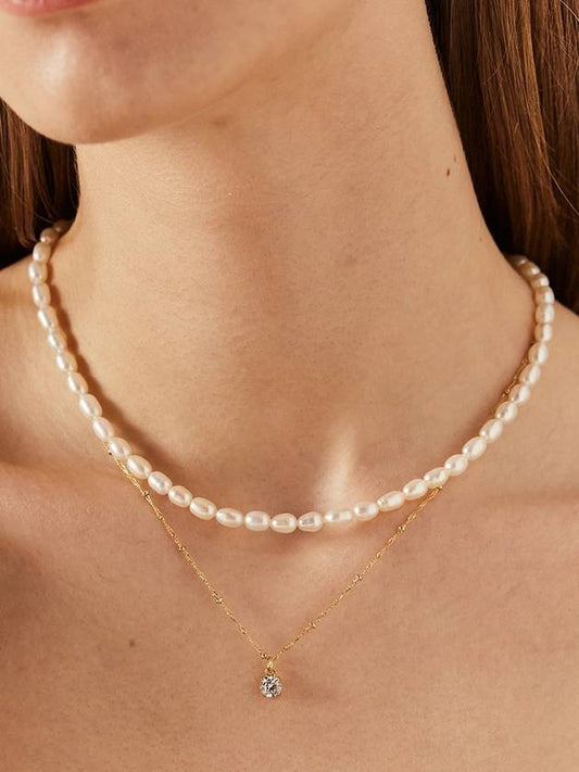 Freshwater Pearl Cubic Layered Necklace Gold - SOSOO - BALAAN 2