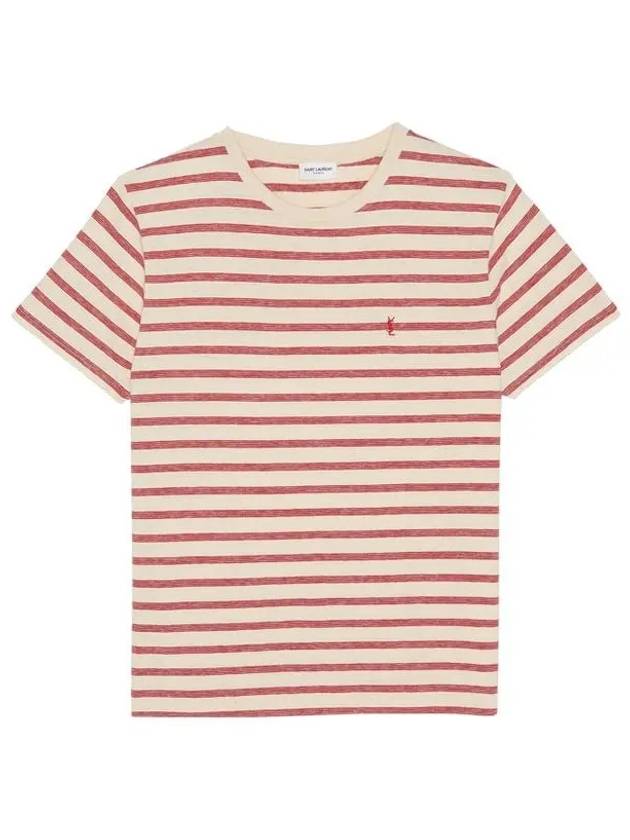 Monogram Stripe Short Sleeve T-Shirt Red Ivory - SAINT LAURENT - BALAAN 2