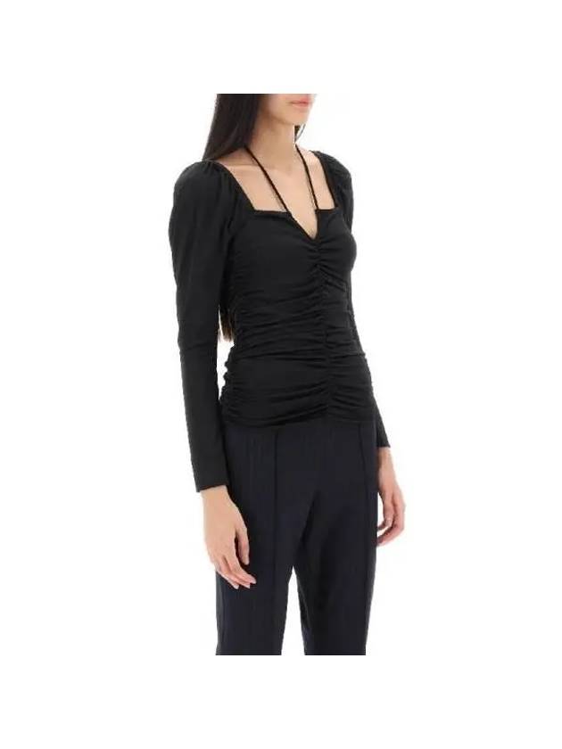 Shiny Crepe Jersey Ruched Blouse Black - GANNI - BALAAN 3