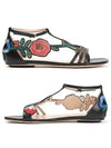 Women's Embroidered Flower Embroidered Strap Sandals Black - GUCCI - BALAAN.