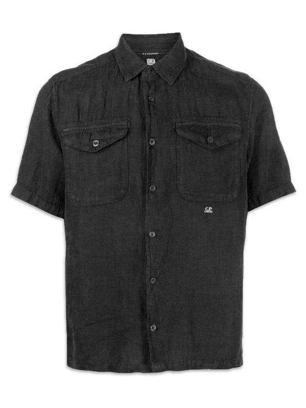 Small Logo Button Linen Short Sleeve Shirt Black - CP COMPANY - BALAAN 2