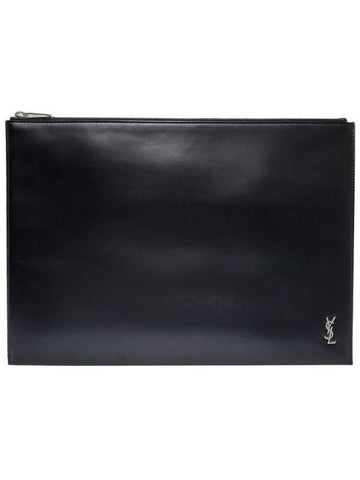 Women s 607782 Black Leather YSL Silver Logo Clutch - SAINT LAURENT - BALAAN 1