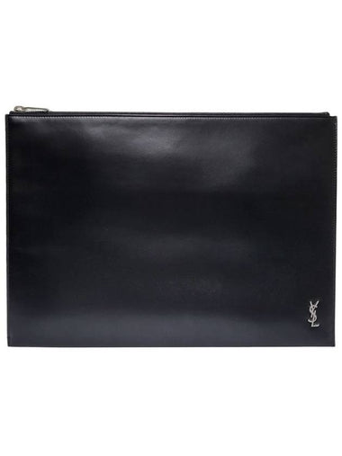 Women s 607782 Black Leather YSL Silver Logo Clutch - SAINT LAURENT - BALAAN 1