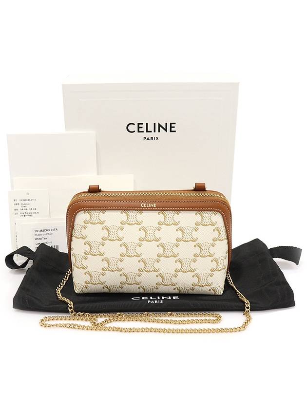 10E382CBX 01TA White Triomphe Canvas Tan Lambskin Chain Clutch Cross Bag - CELINE - BALAAN 2