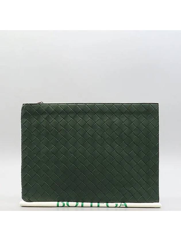 607479 Emerald green color intrecciato weaving half zipper document clutch - BOTTEGA VENETA - BALAAN 1