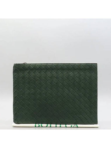 607479 Emerald green color intrecciato weaving half zipper document clutch - BOTTEGA VENETA - BALAAN 1