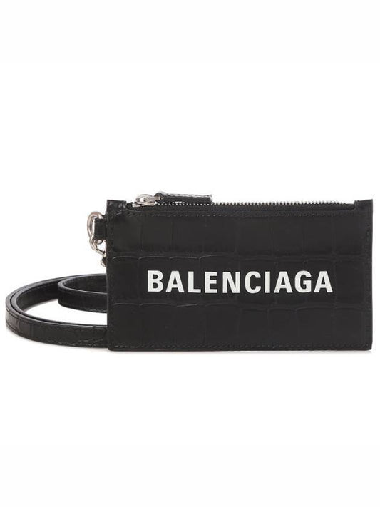 Logo Crocodile Embossed Neck Strap Card Wallet Black - BALENCIAGA - BALAAN 1