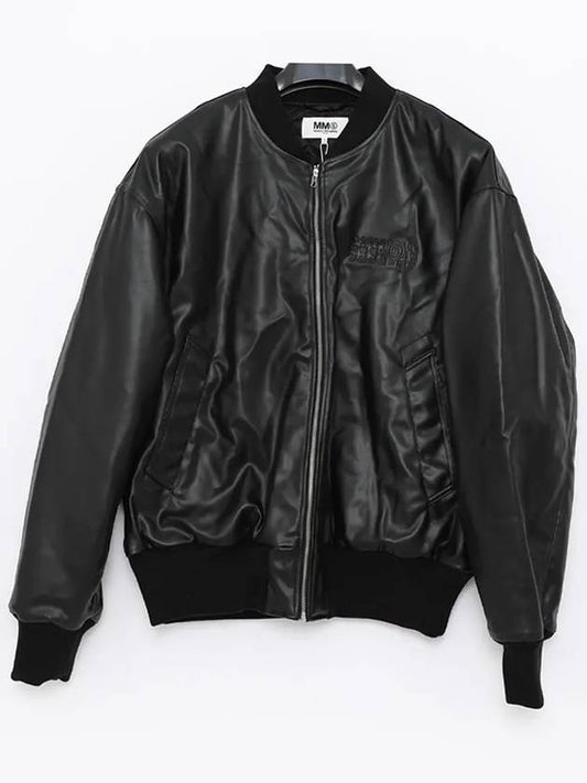 Number Embroidered Faux Leather Bomber Jacket Black - MAISON MARGIELA - BALAAN 2