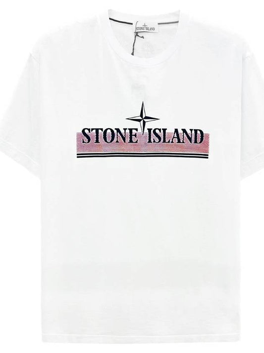 Men's Trichromia Logo Print Short Sleeve T-Shirt White - STONE ISLAND - BALAAN.