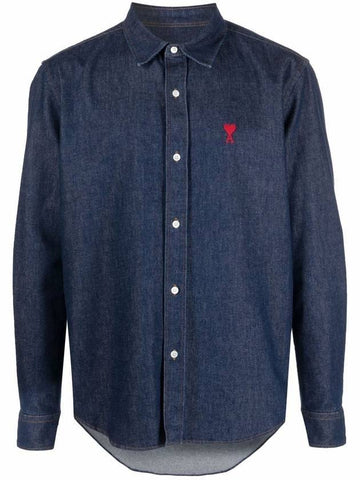 Men's Heart Logo Mid Wash Denim Long Sleeve Shirt Blue - AMI - BALAAN 1