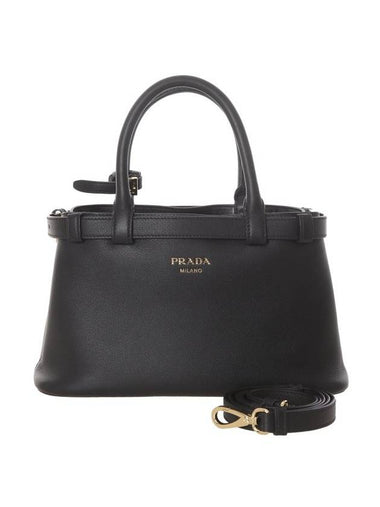 Double Belt Buckle Large Leather Handles Tote Bag Black - PRADA - BALAAN 1