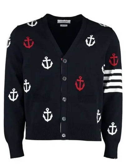 Anchor Intarsia 4-Bar V-Neck Cardigan Navy - THOM BROWNE - BALAAN 2