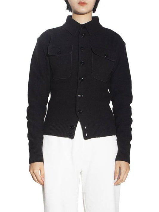 Women's Collar Neck Two Pocket Knit Cardigan Black KN685 LK107 BK999 - LEMAIRE - BALAAN.