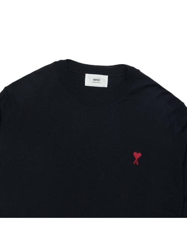 Heart Embroidered Logo Crew Neck Knit Top Navy - AMI - BALAAN 6