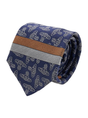 All Over Logo Jacquard Silk Tie Navy - VIVIENNE WESTWOOD - BALAAN 1