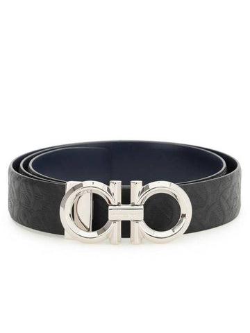 Reversible Gancini Leather Belt Navy Black - SALVATORE FERRAGAMO - BALAAN.