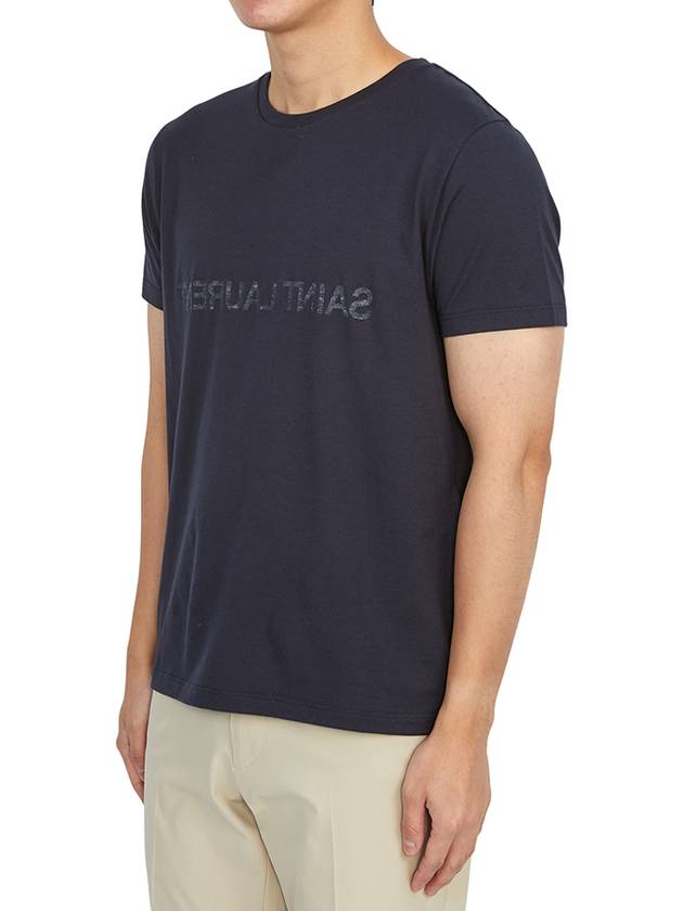 Reverse Logo Print Cotton Short Sleeve T-Shirt Navy - SAINT LAURENT - BALAAN 3