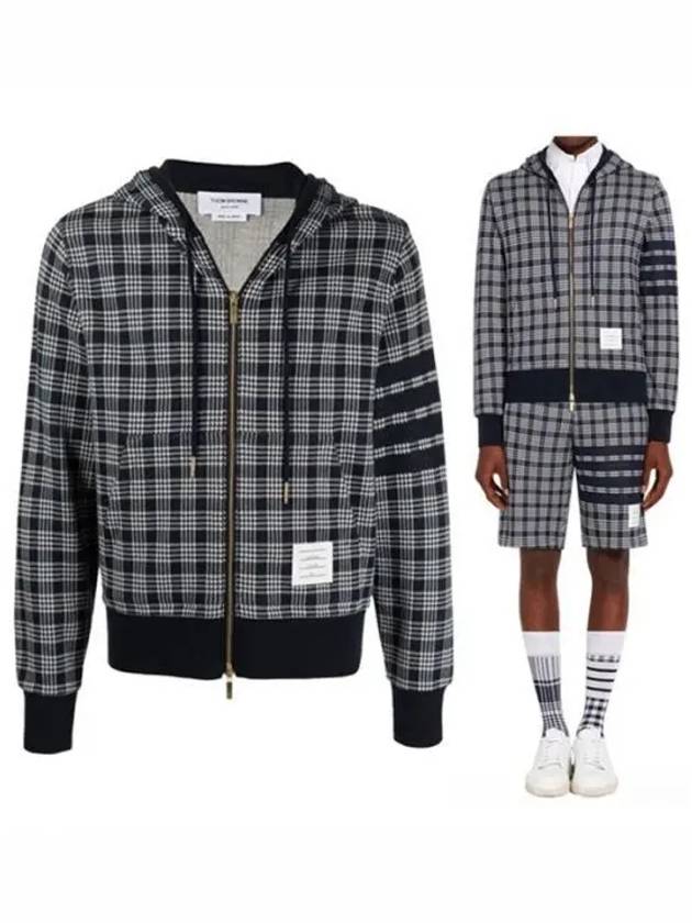 Men's Micro Check Jacquard Zip Up Hoodie Navy - THOM BROWNE - BALAAN 2