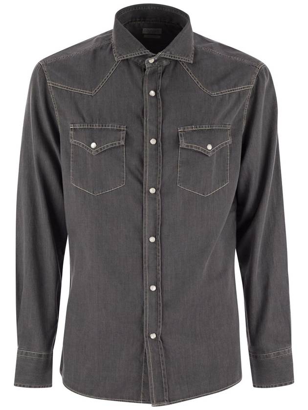 Easy fit shirt in light denim with press studs - BRUNELLO CUCINELLI - BALAAN 1