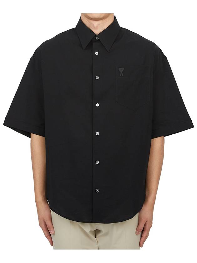 Embroidered Logo Short Sleeve Shirt Black - AMI - BALAAN 2