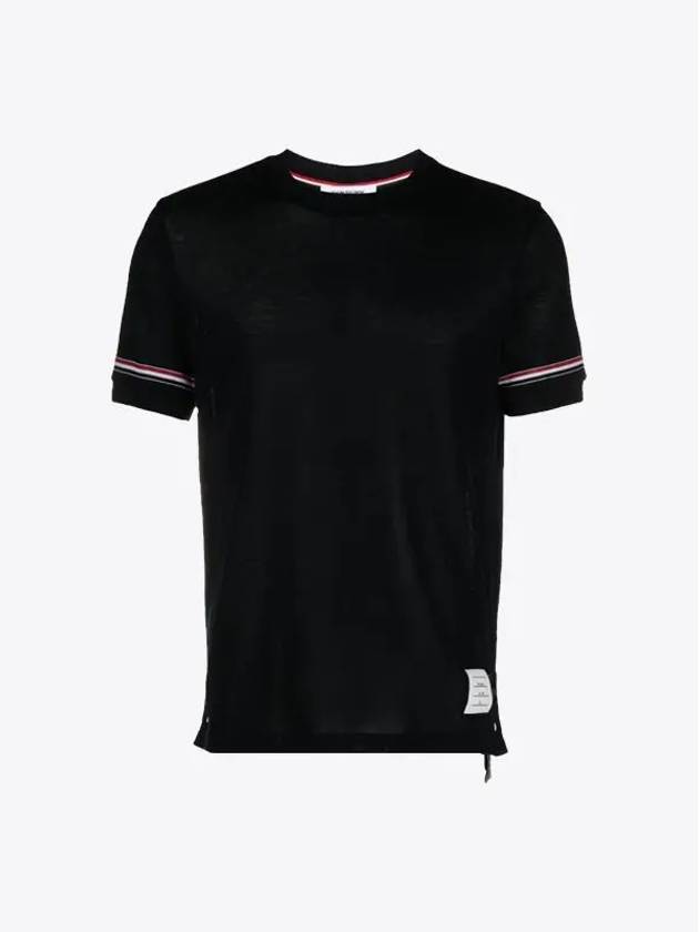 Striped Detail Crew Neck Cotton Short Sleeve T-Shirt Navy - THOM BROWNE - BALAAN 2