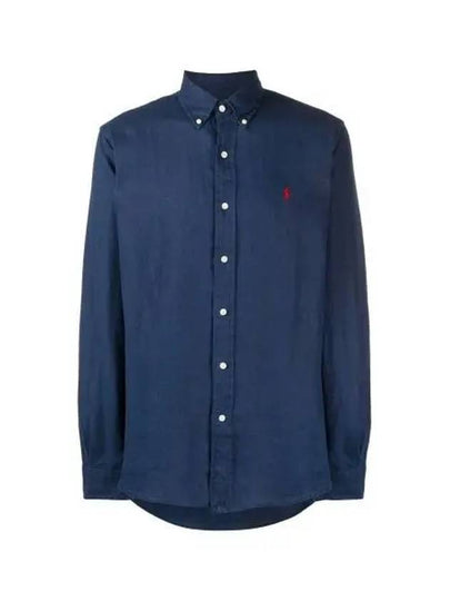 Men's Pony Embroidery Linen Oxford Long Sleeve Shirt Blue - POLO RALPH LAUREN - BALAAN 2