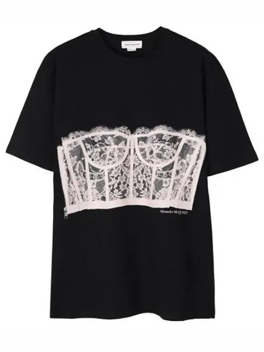 Lace Corset Print Short Sleeves T-Shirt Black - ALEXANDER MCQUEEN - BALAAN 2