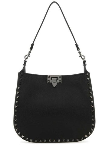 Rockstud Grainy Calfskin Hobo Shoulder Bag Black - VALENTINO - BALAAN 1