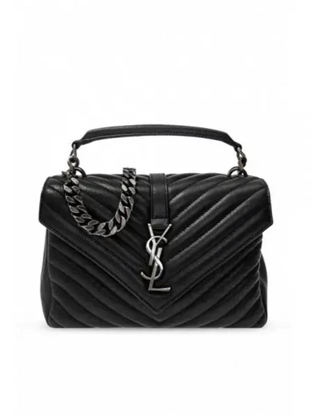 Silver Monogram College Medium Chain Crossbody Bag in Matelasse Leather Black - SAINT LAURENT - BALAAN 2