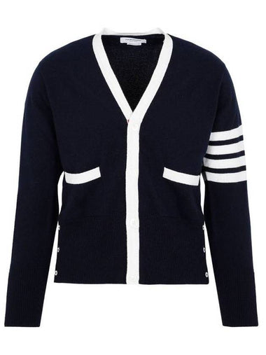 Men's Cashmere 4 Bar Stripe V-neck Cardigan navy - THOM BROWNE - BALAAN 1