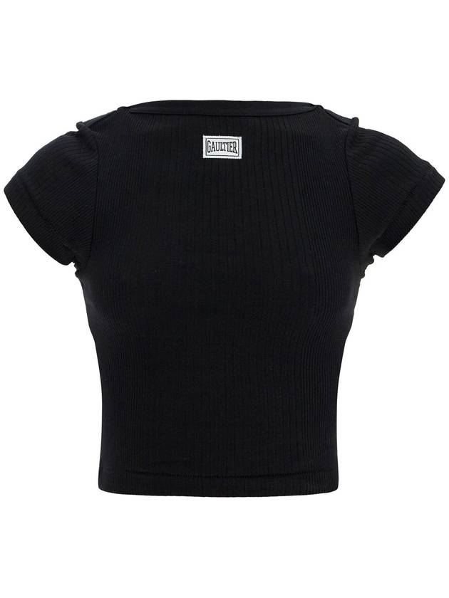 black cropped cotton ribbed t-shirt with logo - JEAN PAUL GAULTIER - BALAAN 1