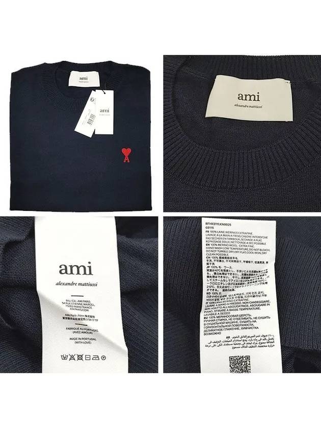 Heart Embroidered Logo Crew Neck Knit Top Navy - AMI - BALAAN 6