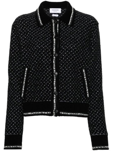 Spread Collar Tweed Virgin Wool Bomber Jacket Black - THOM BROWNE - BALAAN 1