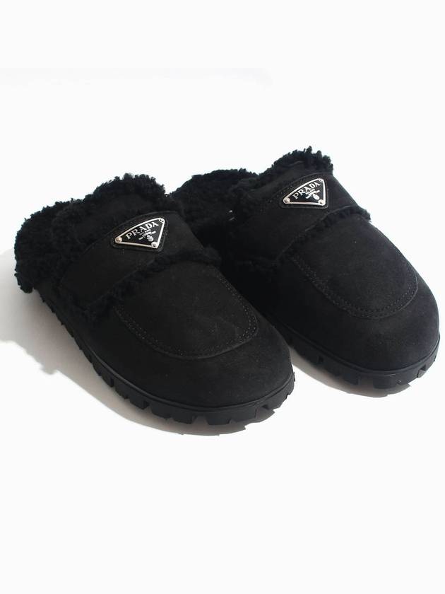 Women's Triangle Logo Shearling Lining Slippers Black - PRADA - BALAAN 3