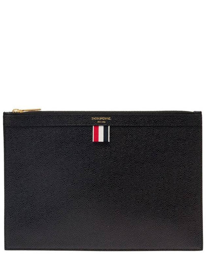 Pebble Grain Three Stripes Zipper Small Clutch Bag Black - THOM BROWNE - BALAAN 2