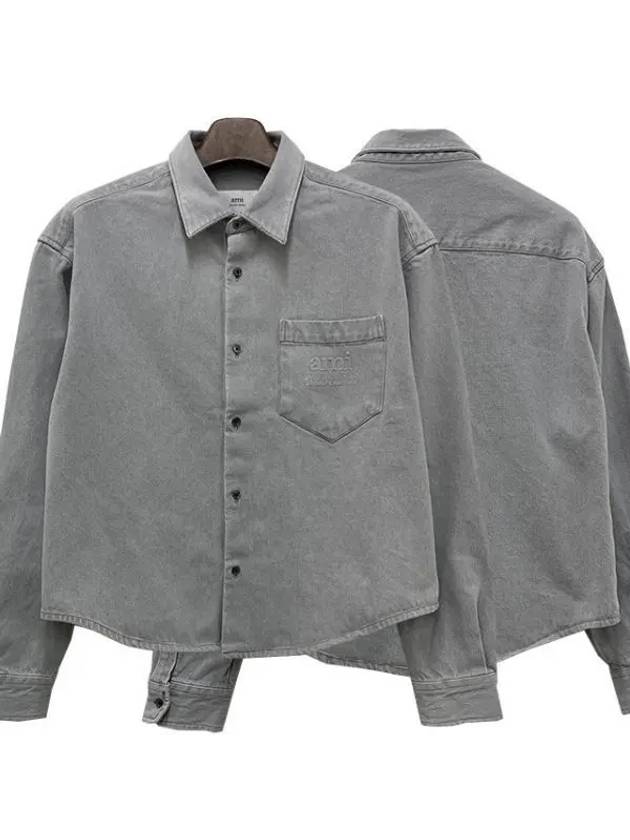 Embossed Logo Denim Long Sleeve Shirt Javel Grey - AMI - BALAAN 2