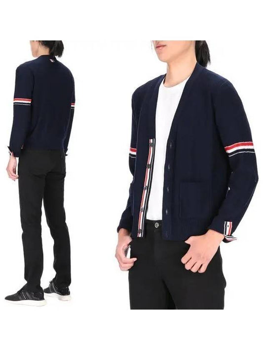 RWB V-neck Striped Virgin Wool Cardigan Navy - THOM BROWNE - BALAAN 2