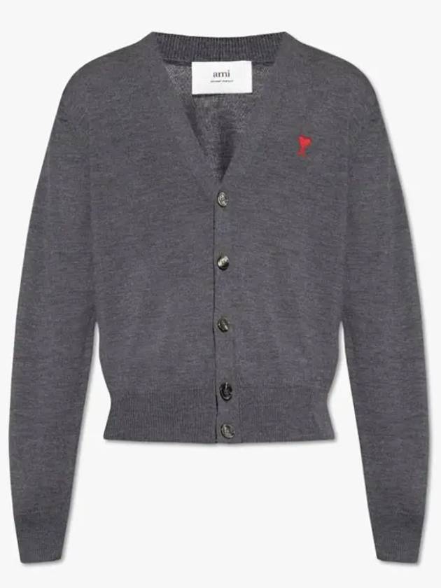 Red Heart Logo Merino Wool Cardigan Heather Grey - AMI - BALAAN 2