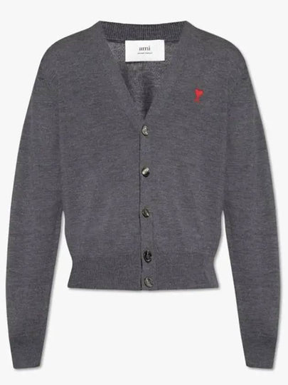 Red Heart Logo Merino Wool Cardigan Heather Grey - AMI - BALAAN 2