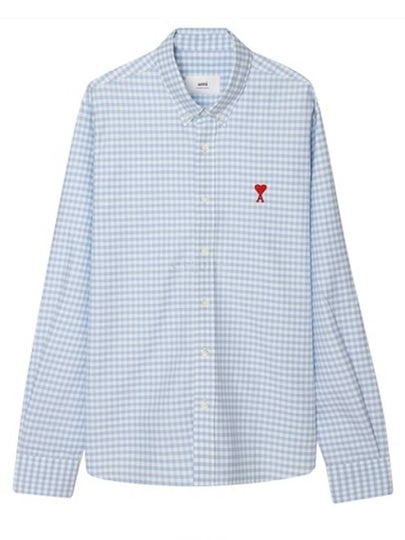 Small Heart Logo Gingham Button Long Sleeves Shirt Sky Blue - AMI - BALAAN 2