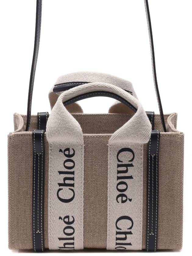 Woody Linen Canvas Calfskin Tote Bag White Navy - CHLOE - BALAAN 3