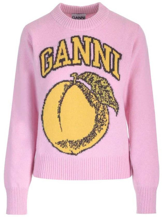 graphic peach round neck pullover knit top pink - GANNI - BALAAN.