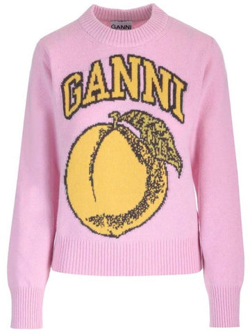 Graphic Peach Round Neck Pullover Knit Top Pink - GANNI - BALAAN 1