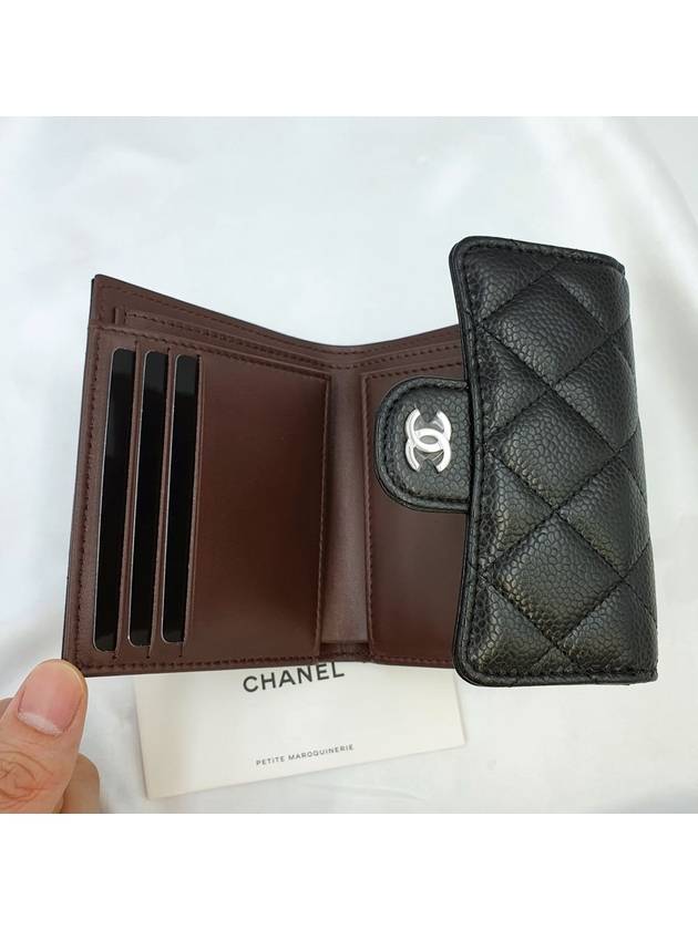 Small Classic Flap Wallet Grained Calfskin Silver Black - CHANEL - BALAAN 7