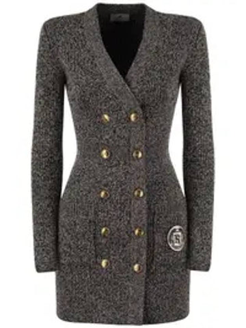 Logo patch double breasted coat short dress gray - ELISABETTA FRANCHI - BALAAN 1